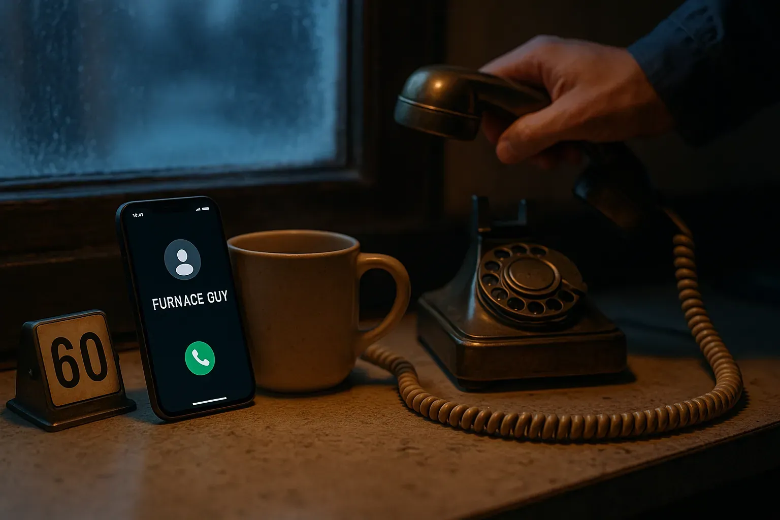 A phone contact card labeled Furnace Guy ringing through to a stranger's desk phone while a 60-day timer runs out